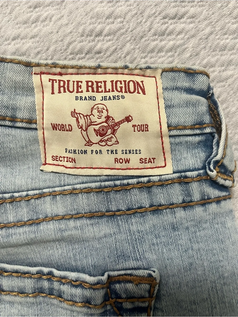 True Religion Light Blue Women's Denim Shorts with Signature Back Pockets